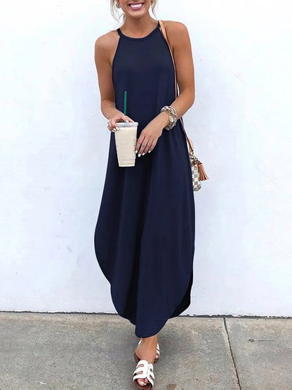 Simple Black Cropped Spaghetti-Neck Maxi Dress