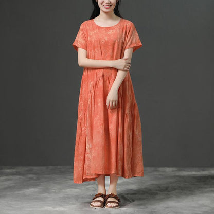 Cotton Orange Loose Casual Long Dress
