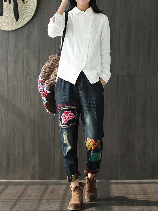 Ramie Cotton Solid Diagonal Button-design Shirt Top