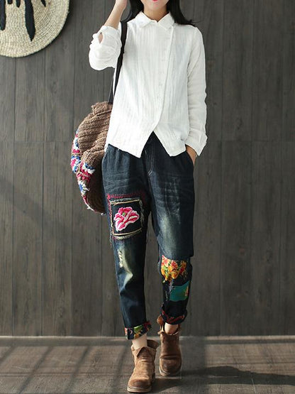 Ramie Cotton Solid Diagonal Button-design Shirt Top