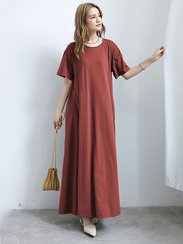 Simple Solid Color Oversized A-Line Round-Neck Short Sleeves Maxi Dress