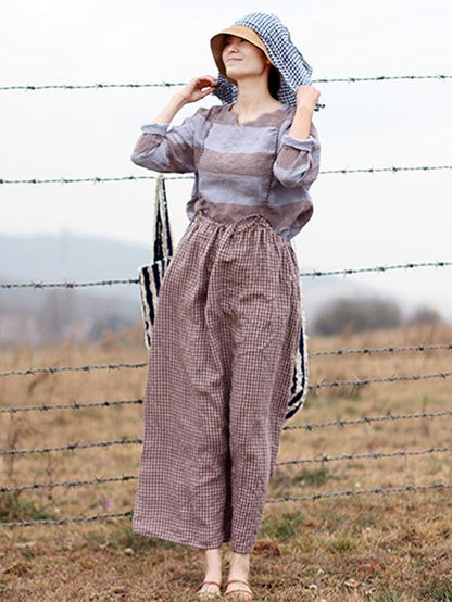 Retro Linen Plaid Braces Skirt