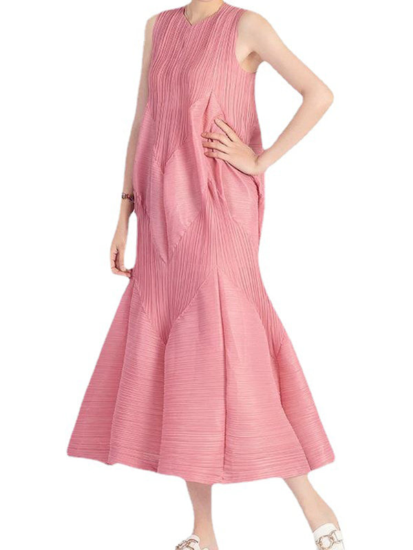 Casual Sleeveless Loose Pleated Solid Color Round-Neck Midi Dresses