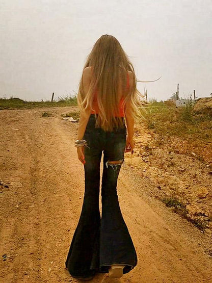 Denim Leg Shredded Bell-Bottom Pants