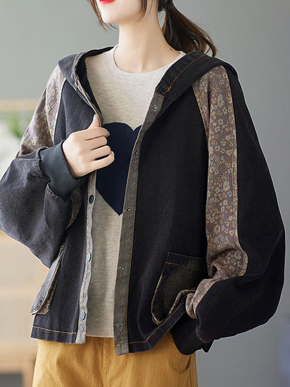 Casual Split-Joint Buttoned Floral Printed Raglan Sleeve Loose Outerwear