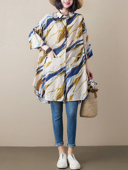 Artistic Retro Contrast Color Printed Split-Joint Blouse
