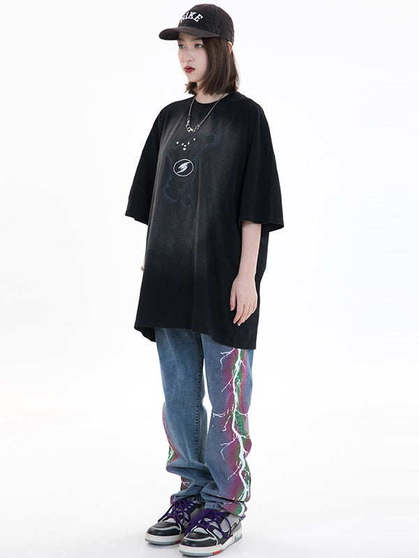 Vintage Round-Neck Bear Print Loose T-Shirts Tops
