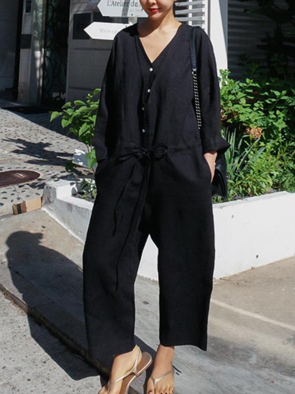 Casual Linen V-neck Jumpsuit