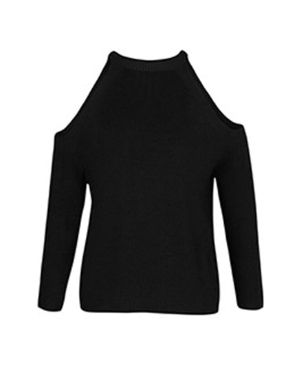 Casual Solid Color Round-Neck Cold Shoulder Long Sleeves Knitted Sweater