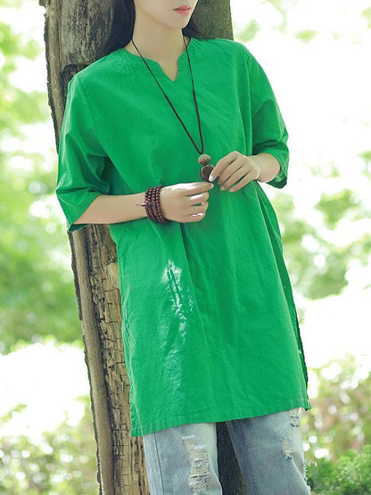 Simple Ramie Cotton V-neck Tops