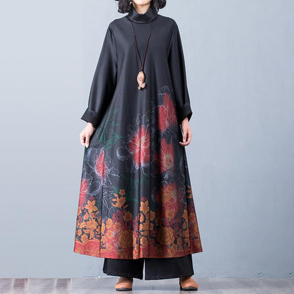 Buykud Casual Elegant Floral Printed Loose Turtleneck Dress