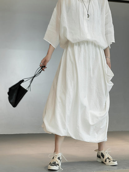 Casual Ramie Cotton Asymmetric Solid Color Irregular Tiered Loose Skirts