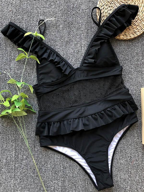 V-neck Falbala Gauze One-piece Swimwear