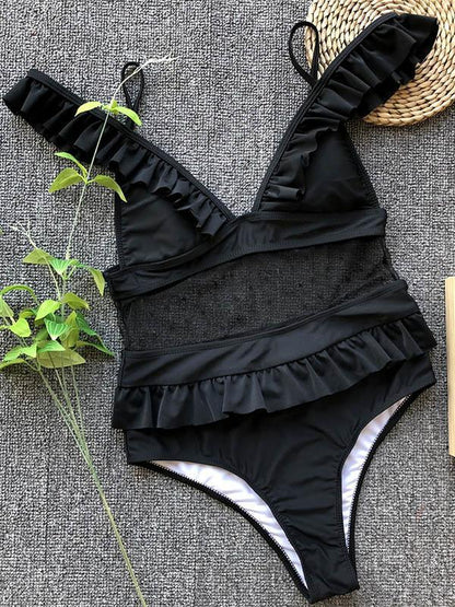V-neck Falbala Gauze One-piece Swimwear