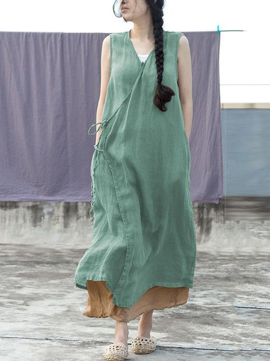 Literary Sleeveless Ramie Cotton Long Dress