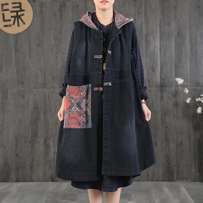Buykud Patchwork Printed Casual Loose Hooded Coat