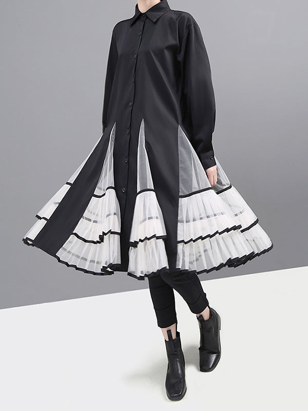 Loose Stitching Mesh Lapel Dress