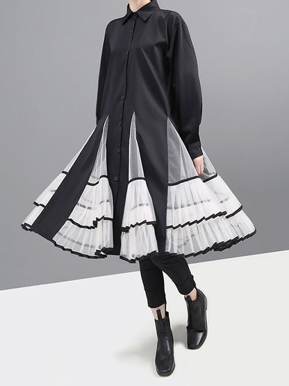 Loose Stitching Mesh Lapel Dress