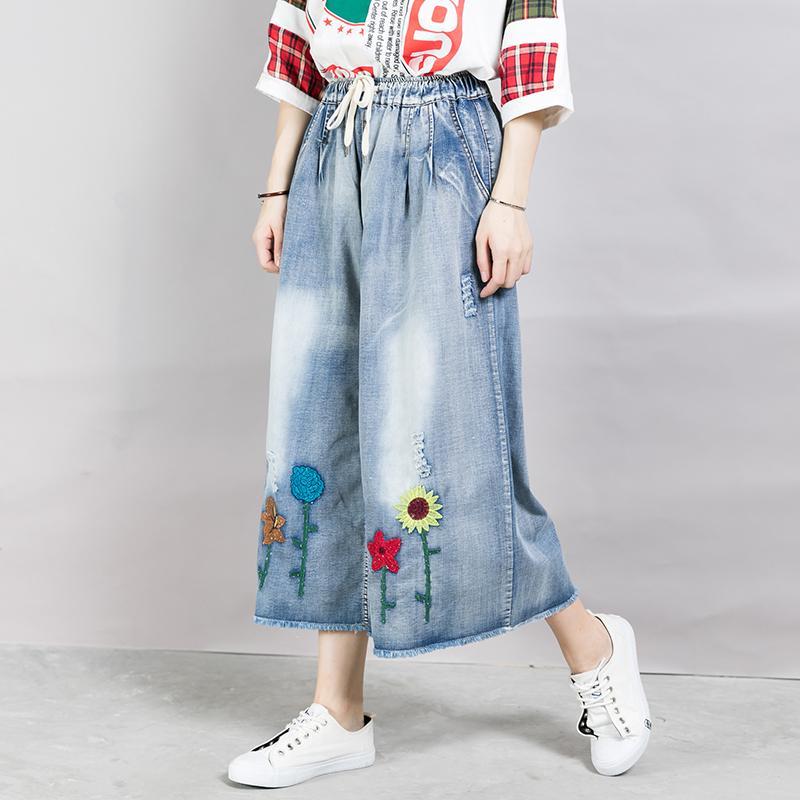 Casual Embroidered Flowers Wide Leg Jeans