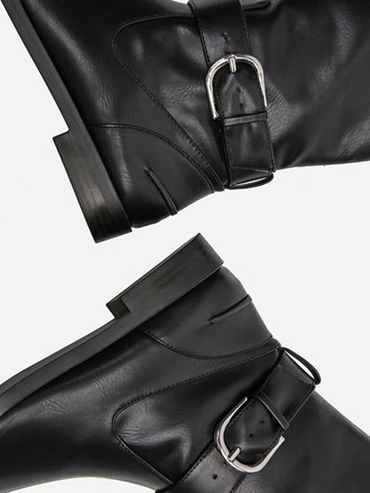 Solid Side-zipper Low Heels Leather Knee Boots