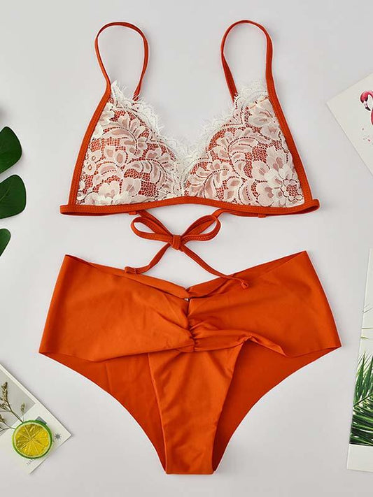 Triangles Lace Bandage Bikini Swimsuit
