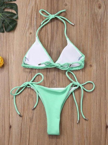 Solid Color Bandage Triangle Split Bikini Swimsuit