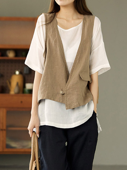 Vintage Ramie Cotton Solid Color Split-Joint With Pocket Buttoned V-Neck Sleeveless Vest Tops