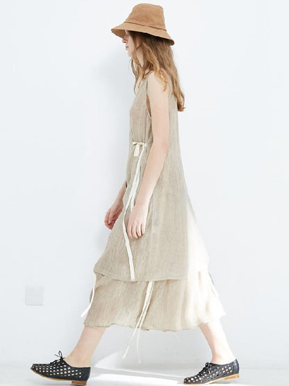 Simple Loose Linen Lace-up Sleeveless Top+Skirt Suits