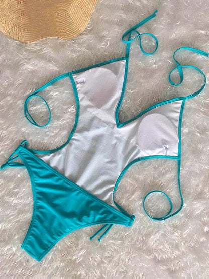 Deep V-neck Tassels Halterneck One-piece Swimwear