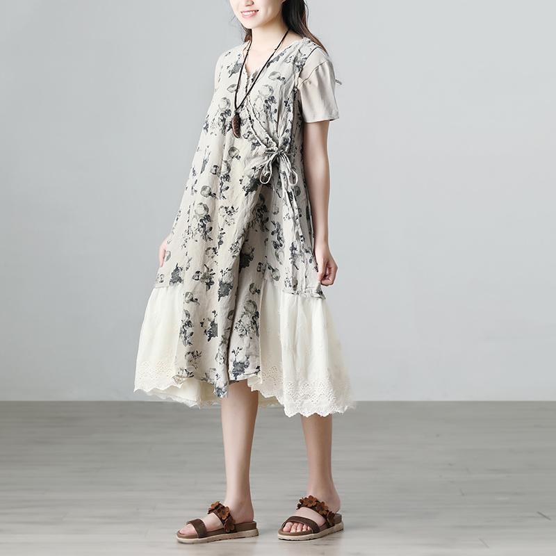 Casual Summer Short Sleeve Floral Beige Long Dresses