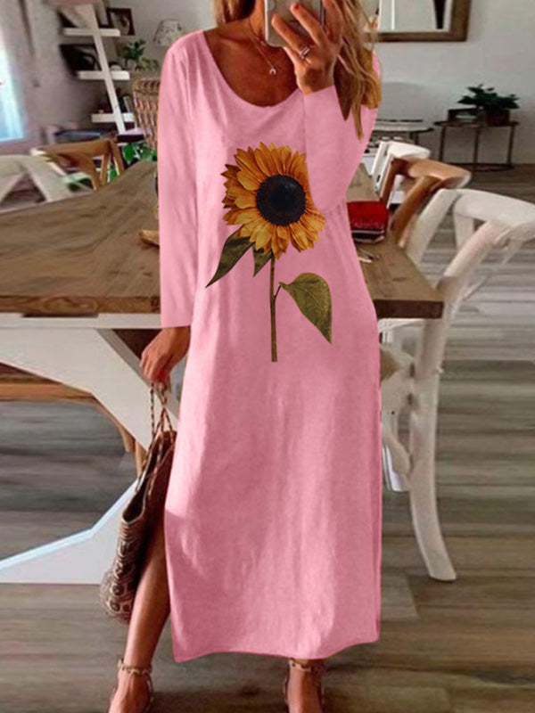 Casual Solid Color Sunflower Printed Split-Side Long Sleeves Midi Dress