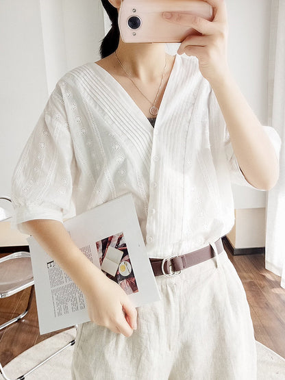 Simple Solid Color Buttoned V-Neck Short Sleeves Blouse