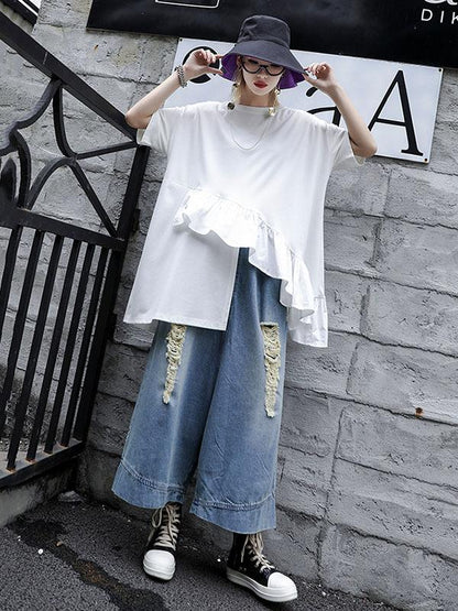 Loose Split-side Falbala T-shirt