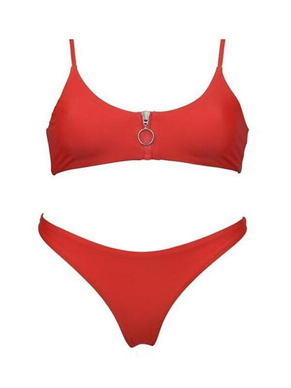 Zipper Top Plain Bikinis Swimwear