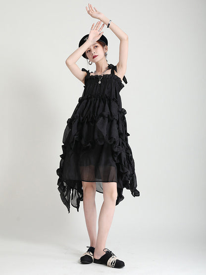 Stylish Cropped Pleated Split-Joint Bandage Spaghetti-Neck Midi Dress