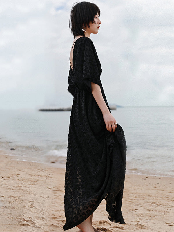 Stylish Solid Color Hollow Embroidered Mesh Backless Split-Side V-Neck Half Sleeves Maxi Dress