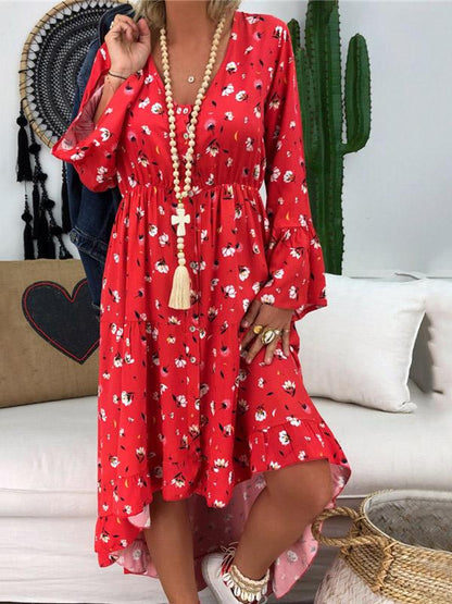 V-neck Floral Printed Long Sleeve Maxi Dress