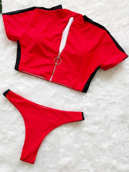 Zipper Top Short Sleeves Bikinis Swimwear