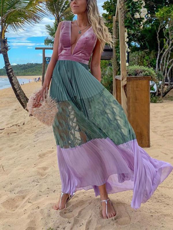 V-Neck Sleeveless Printed Split-Joint Maxi Dress