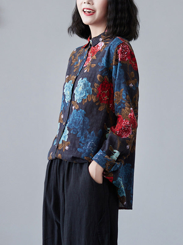 Artistic Retro Floral Printed Buttoned Lapel Collar Long Sleeves Blouse