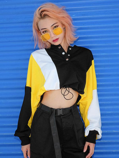 Long Sleeve Color-Block Crop Sweatershirts