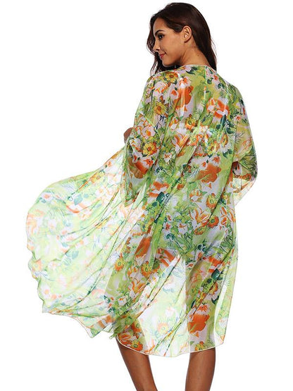 Chiffon Flared Sleeves Printed Cover-Ups