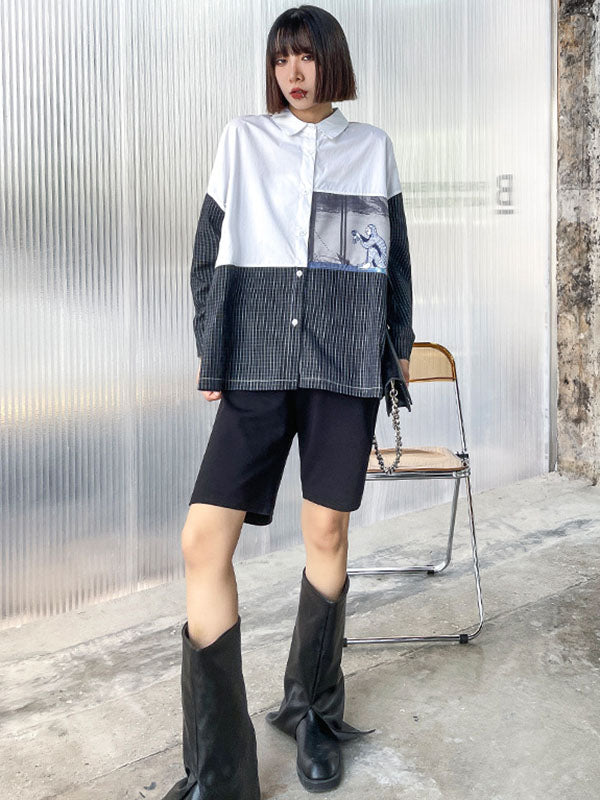 Stylish Cartoon Printed Plaid Split-Joint Lapel Collar Long Sleeves Blouse