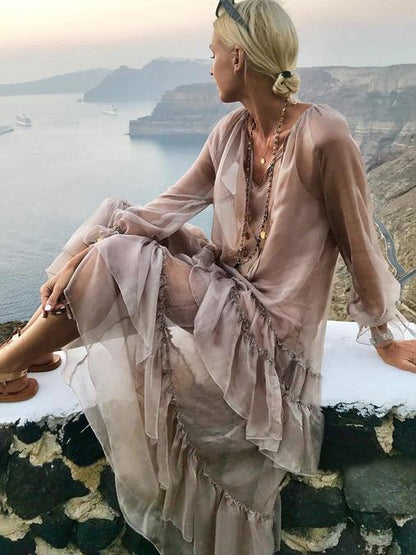 Solid Color Falbala V-neck See-Through Maxi Dress