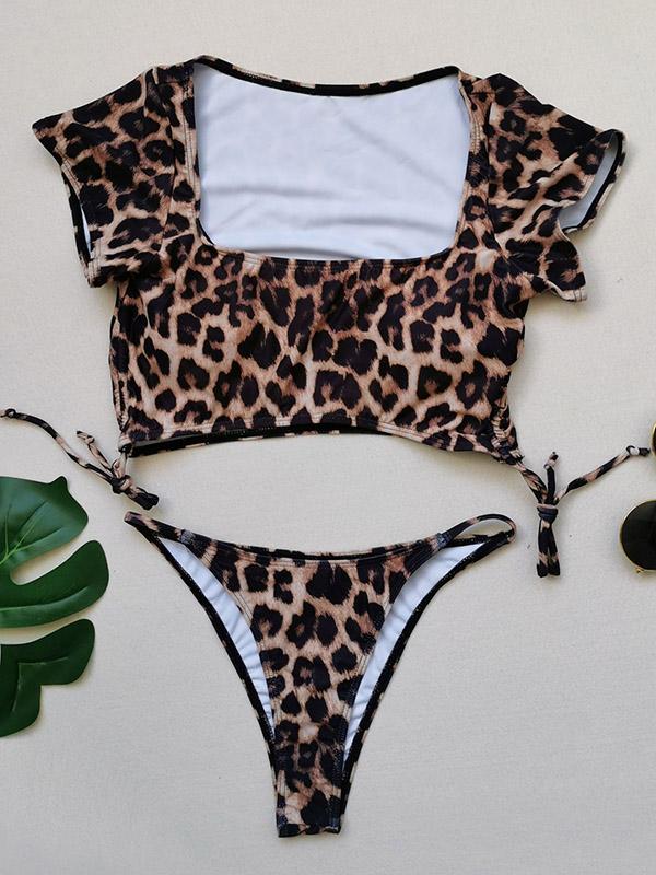 Solid Color Half Sleeve Bandage Split Bikini Swimsuit