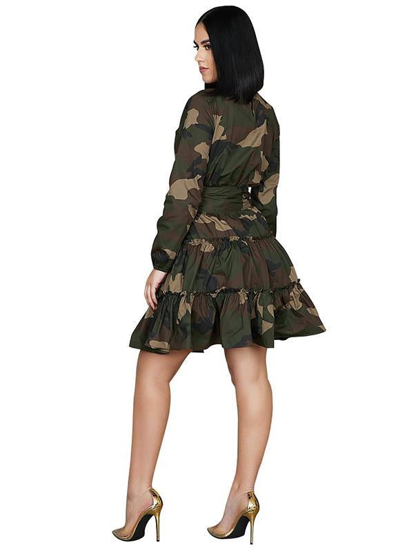 Vintage Camouflage Long Sleeves A-Line Mini Dresses