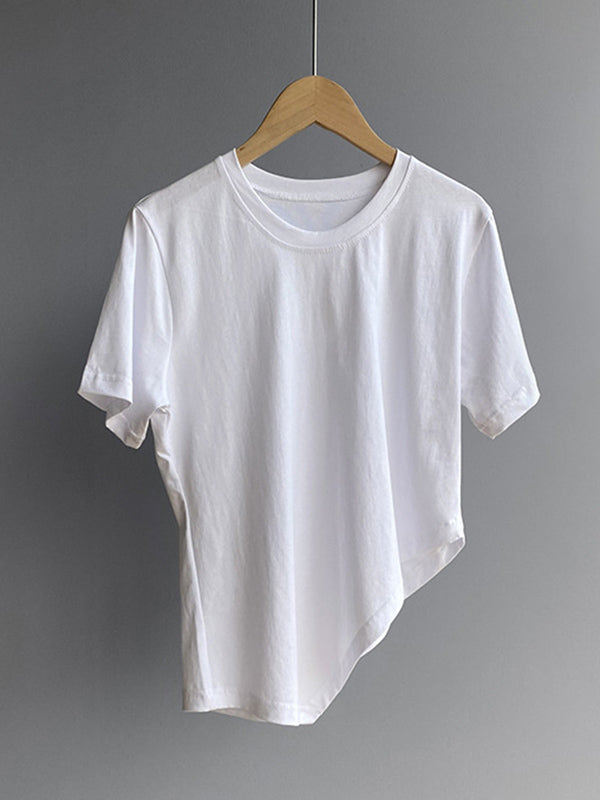 Casual Solid Color Asymmetric Round-Neck Short Sleeves T-Shirt