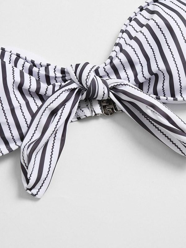 Striped-Print Knotted Split Bikini Swimsuit