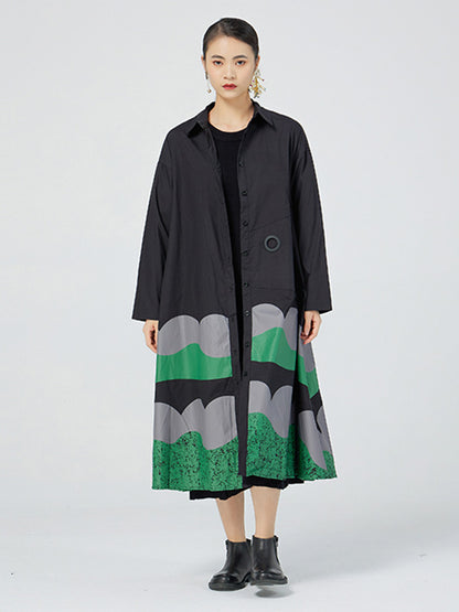 Original Buttoned Contrast Color Lapel Long Sleeves Midi Dress