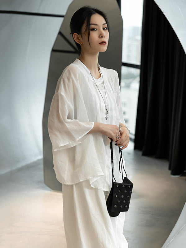 Linen Black&White Round-Neck Flared Sleeves T-Shirt